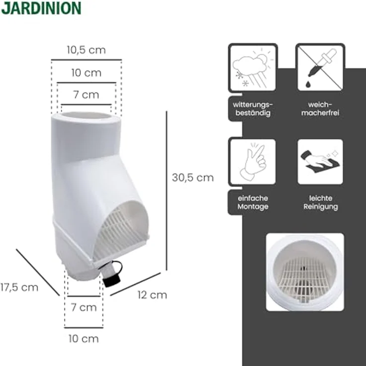Jardinion Regenwasserfilter Laubabscheider, 30,5 x 12 x 17,5cm, für Fallrohre DN75/DN85/100mm, UV-beständig, weiß – Bild 2