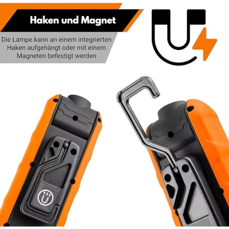 NEO TOOLS Akku-Werkstattlampe 500 lm COB LED, 2 in 1 Lampe mit Sockel und Ladegerät, Arbeitsleuchte mit Magnet und Haken, 3,7 V Li-Ion-Akku 2600 mAh – Bild 3