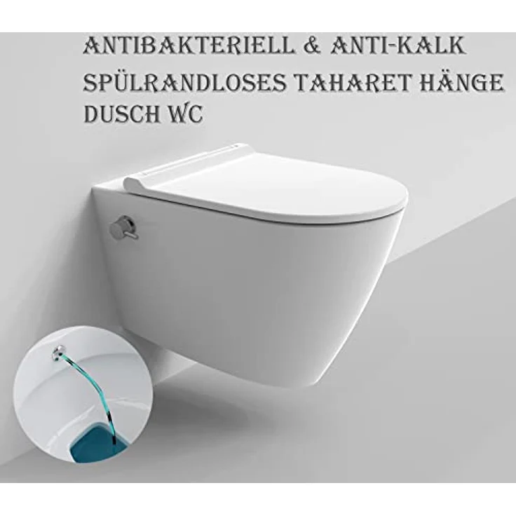 Ekershop Dusch-WC ALESTA TAHARET Spülrandloses Hänge WC integr. Kalt Armatur mit Deckel, Wandhängend, Abgang Waagerecht, Antibakteriell, Anti-Kalk, Taharet Wand WC, WC-Sitz mit Absenkautomatik, Nano-Versiegelung (Farbe: Weiß) – Bild 2