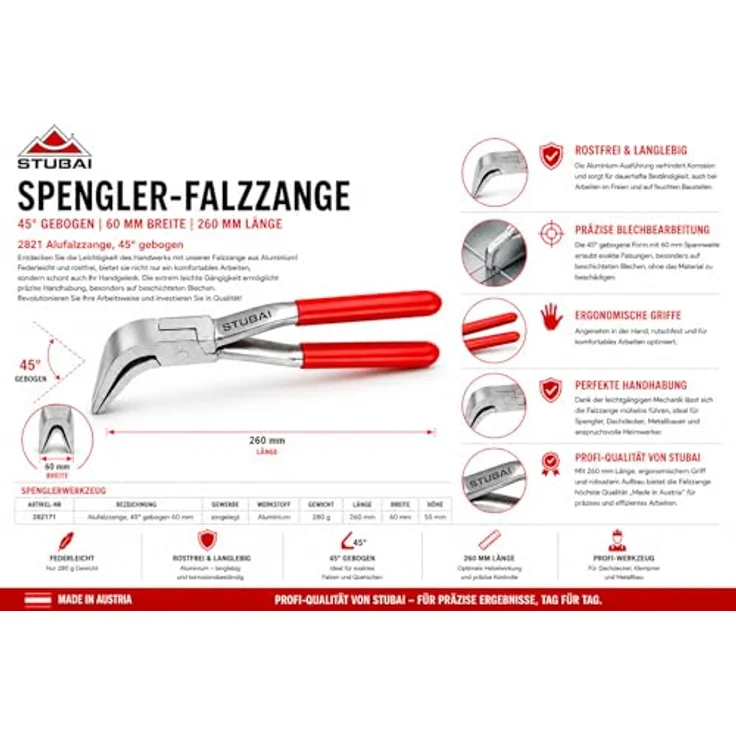 STUBAI Spengler-Falzzange 45° gebogen 60 mm | Aluminium, rostfrei, ergonomisch | Profi-Werkzeug für Dachdecker & Metallbau, 260 mm Länge, 280 g leicht – Bild 3