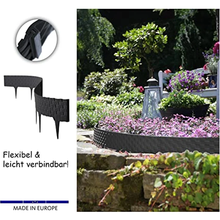 6,4 m Rasenkante mit 8 Elemente á 80 cm - Biegbarer Kunststoff in Rattan-Design - Beeteinfassung, Beetumrandung, Palisaden - 20 cm hoch – Bild 6