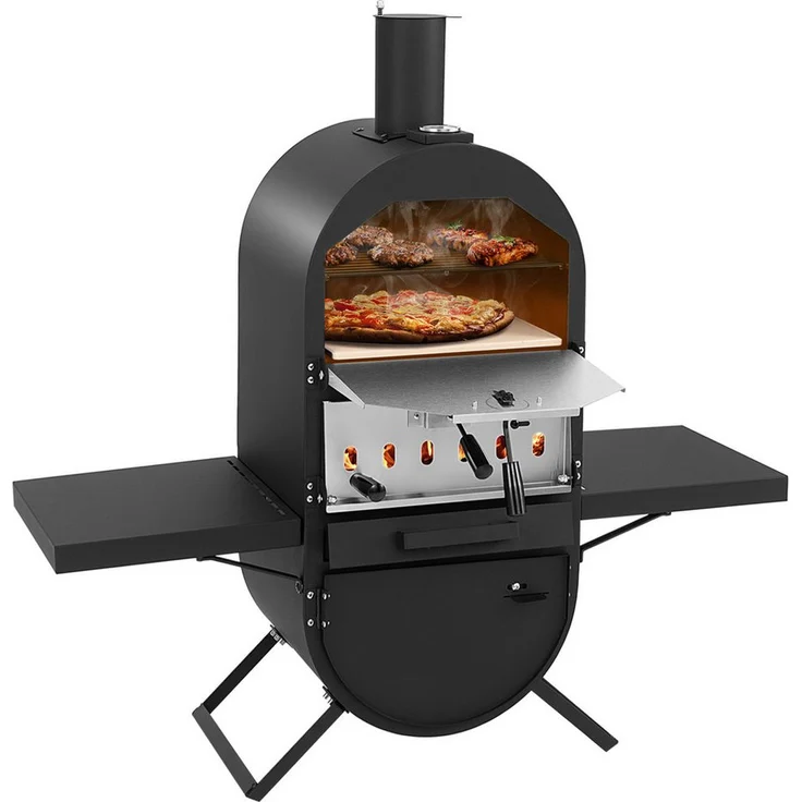COSTWAY Pizzaofen, Outdoor Holzofen mit Grillrost, bis zu 400℃, Schwarz
