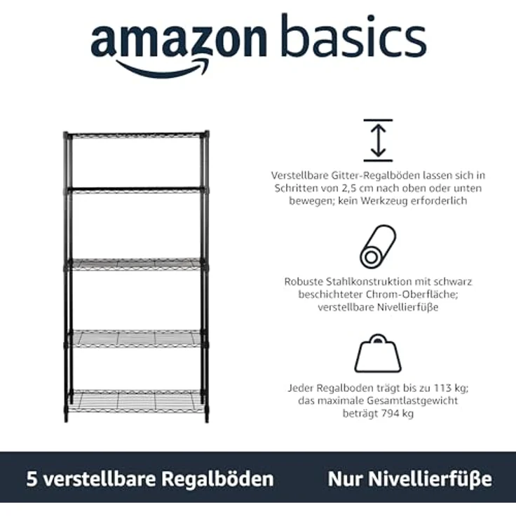 AmazonBasics Lagerregal mit 5 Regalböden, bis zu 160 kg pro Regalboden, Schwarz – Bild 2