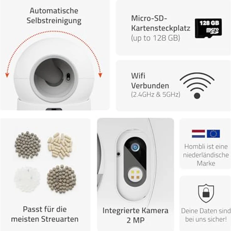 Hombli Cat Litter Box, Selbstreinigendes Katzenklo mit 2-MP-Kamera, UV-Sterilisation und Gesundheitsüberwachung, kompatibel mit Smart Home Systemen – Bild 2