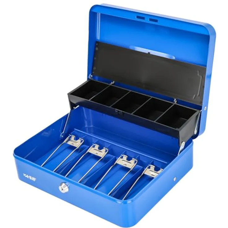 HMF 15230-05 Geldkassette abschließbar mit Münzeinsatz, 4 Scheinfächern und Tragegriff, Blau, 30 x 24 x 9 cm – Bild 1