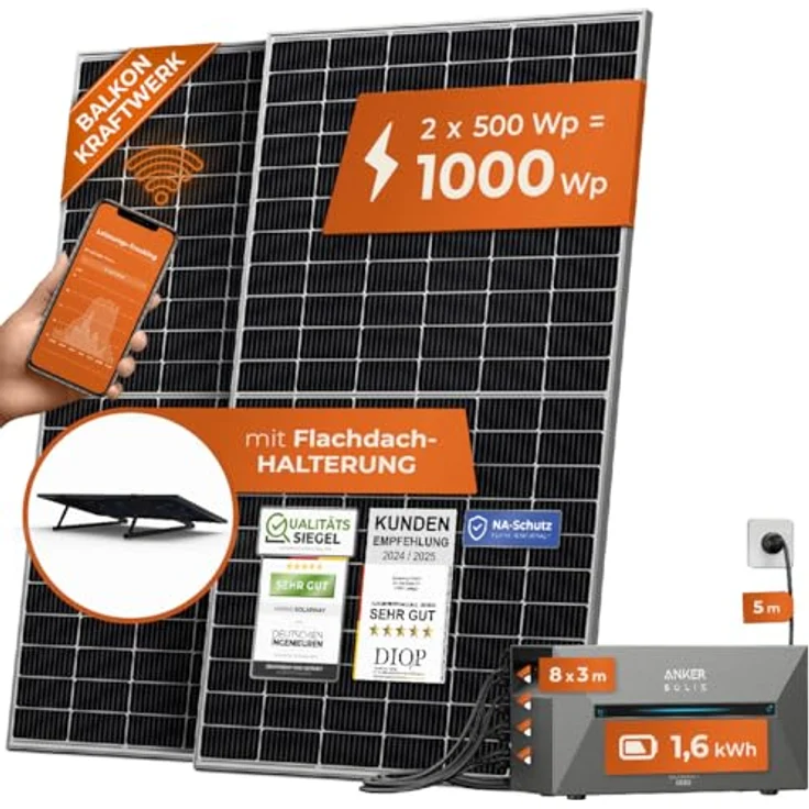 Solarway All In One Speicher Balkonkraftwerk 1000W mit Anker Solix 2 PRO Speicher - Solaranlage 500W Solarmodule, Flachdach Halterung – Bild 1