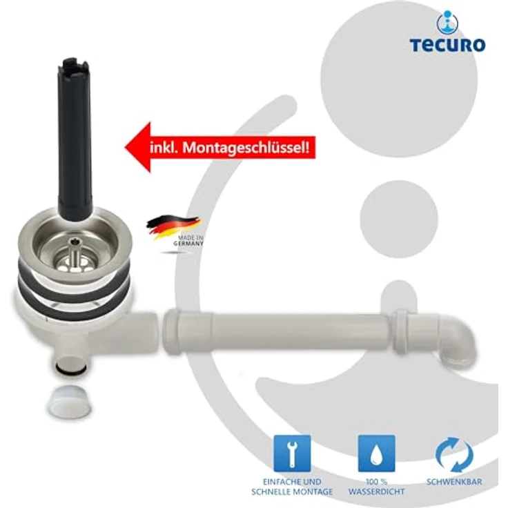 tecuro Spülen-Siebkorbventil Ø 114 mm (3 1/2 Zoll) mit Raumsparabgang, seitlichem 1 Zoll Anschluss und Edelstahlkelch – Bild 3