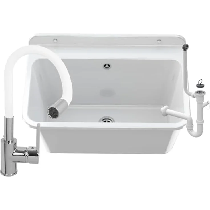 Granitan Ausgussbecken für Garage Keller Werkstatt - Universal Waschtrog mit Siphon - Waschbecken mit Abtropfschale Wandmontage aus Polypropylen - 61x41x30 cm (Weiß + FLEX Waschtischbatterie) – Bild 1