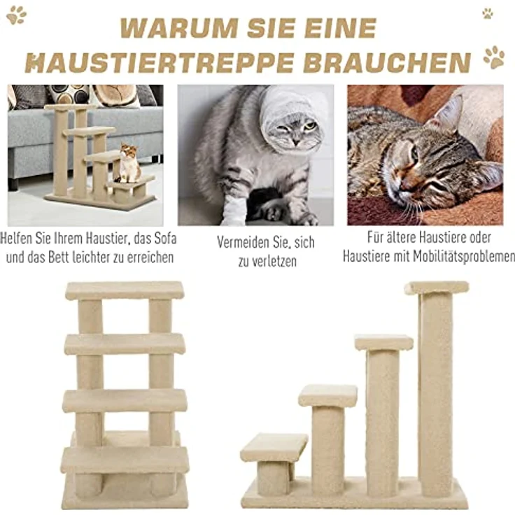 PawHut Tiertreppe Katzentreppe Hundetreppe Treppe für Katze und Hunde 4 Stufen Beige 63,5x43x60cm – Bild 5