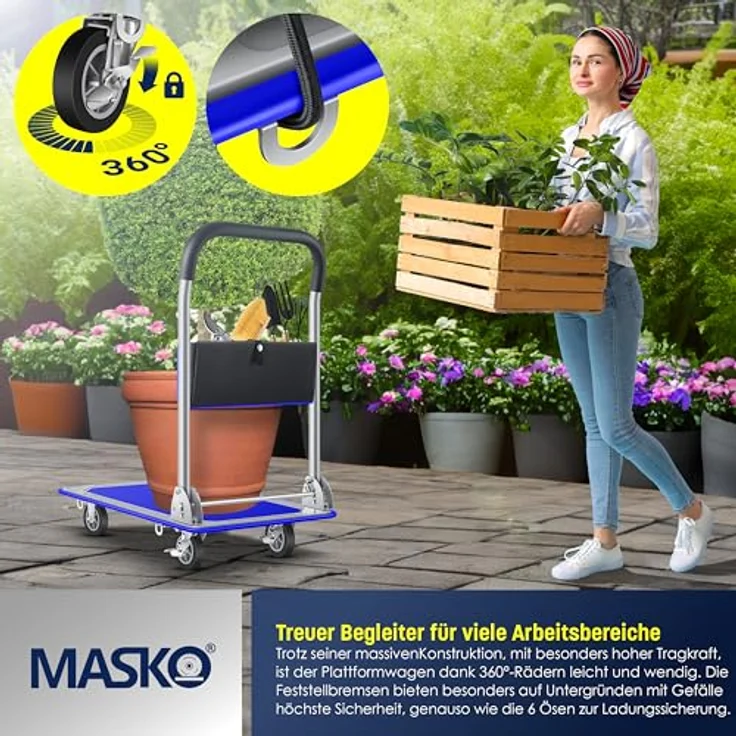 MASKO Transportwagen, Klappbarer Plattformwagen mit robustem Stahlrahmen, 150 kg Tragfähigkeit, Inkl. Arbeitshandschuhe – Bild 6