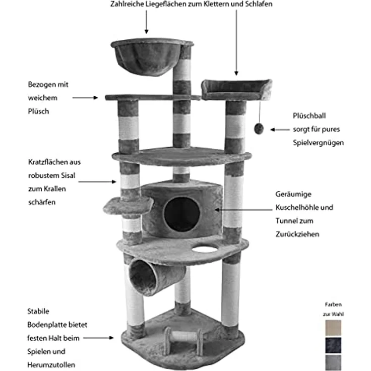 Dehner Kratzbaum Edda, 180 x 60 x 60 cm, Sisal/Plüsch, robuster Kletterbaum auf neun Ebenen mit massiven Sisalholmen – Bild 2