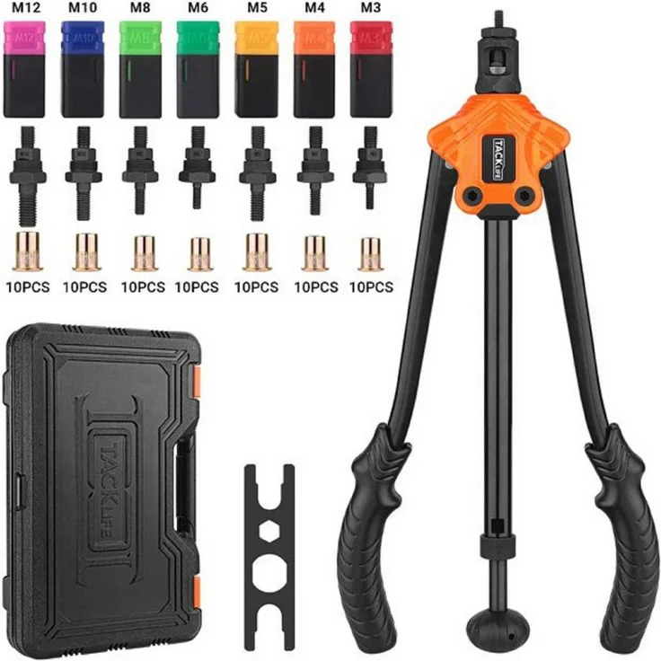 TACKLIFE HHNP1A, Nietmuttern-Werkzeug, 35,6 cm Selbstpumpen-Nietsetzer-Kit mit 8 metrischen Dornen, 80 Stück Nietmuttern