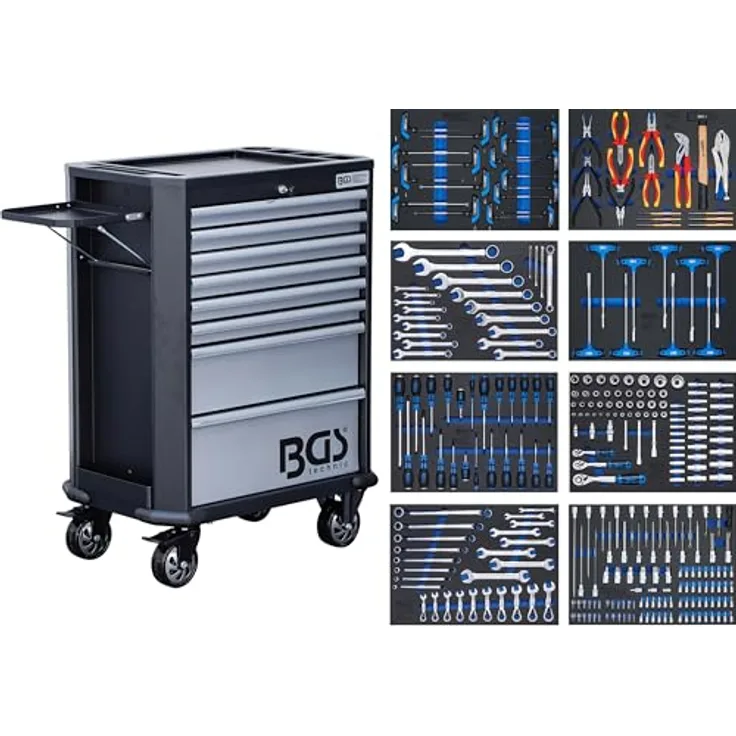BGS TECHNIC Werkstattwagen 8 Schubladen mit 299 Werkzeugen, stabile Stahlblechkonstruktion, pulverbeschichtet, abschließbar, kratzfest, mit seitlicher Ablage