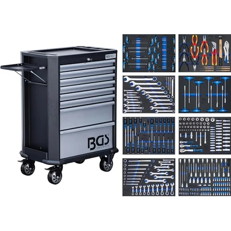 BGS TECHNIC Werkstattwagen 8 Schubladen mit 299 Werkzeugen, stabile Stahlblechkonstruktion, pulverbeschichtet, abschließbar, kratzfest, mit seitlicher Ablage – Bild 1