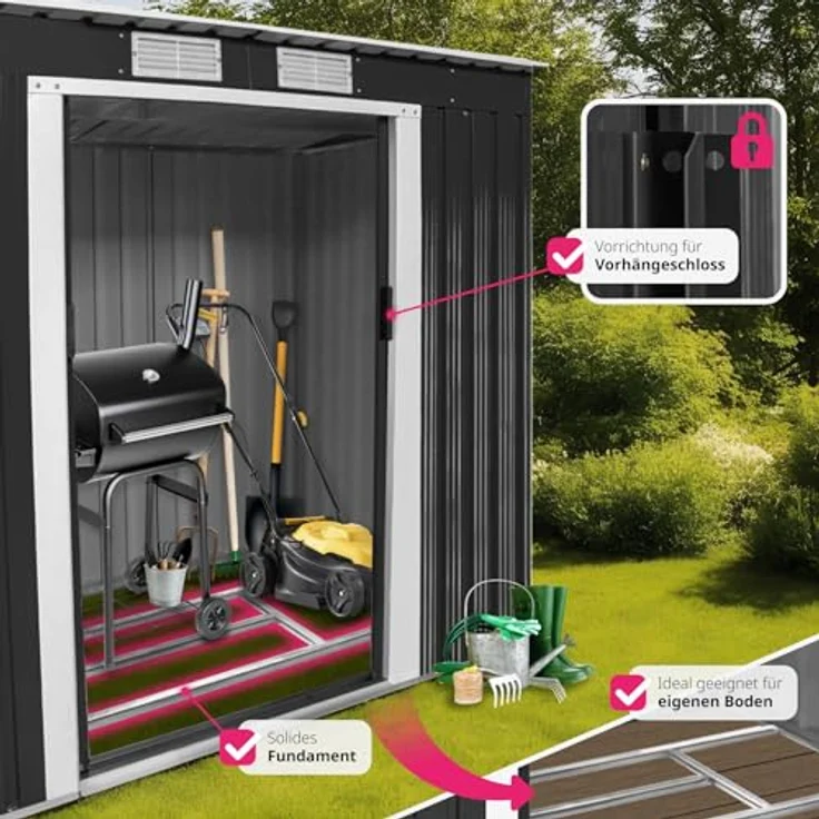 tectake® Metall Gartenhaus mit Schrägdach, Geräteschuppen Garten, 4 m³ Lagerfläche - grau/weiß, Schiebetür und Metallfundament – Bild 4