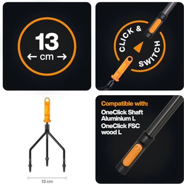 Fiskars OneClick Grubber 1080684, 130 mm QuikFit™ mit drei Zinken aus Karbonstahl für optimale Bodenvorbereitung – Bild 2