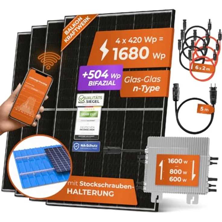 Solarway 1680W Balkonkraftwerk 1600W Komplett Steckdose - Ausgang einstellbar 600/800/1600W - 4x420W Bifaziale Glas/Glas n-Type JaSolar-Module, Wechselrichter mit APP&WiFi, Premium Full Black Design – Bild 1