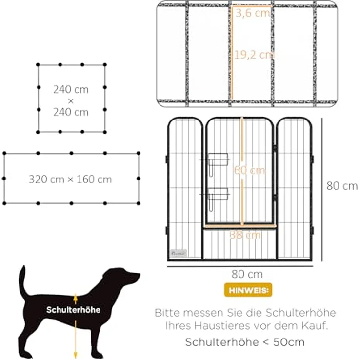 PawHut Welpenauslauf 80 cm Hoch, 12-TLG Welpenlaufstall mit 2 Tür, DIY Hundelaufstall Freilaufgehege für mittelgroße Hunde, Kaninchen, Meerschweinchen, Stahl, Grau – Bild 5