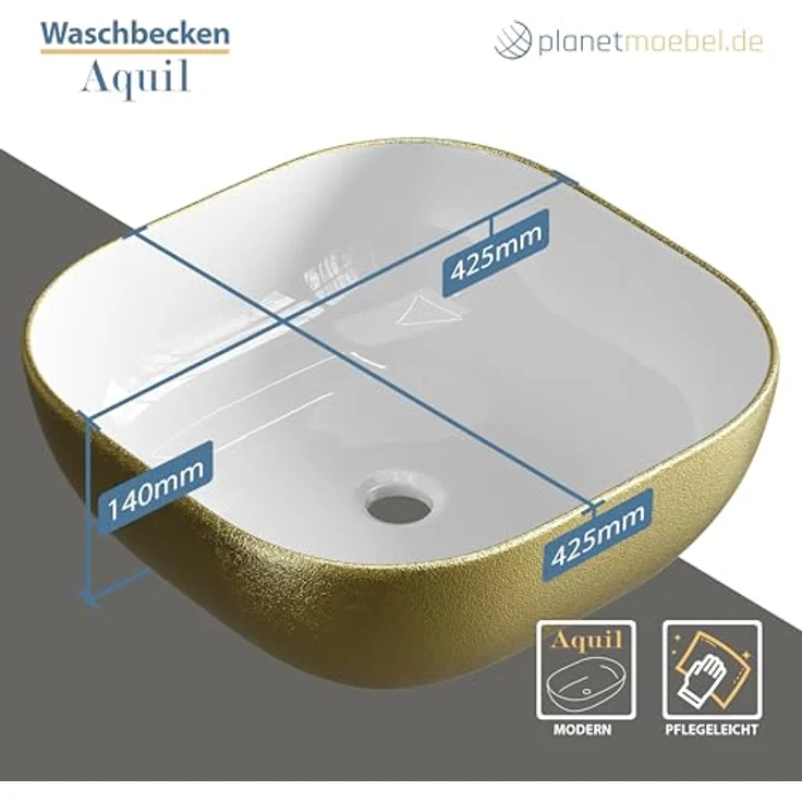 Planetmöbel Aufsatzwaschbecken Aquil, Keramik Waschbecken 42 cm quadratisch, glänzend in Gold, ohne Hahnloch und Überlauf, für Waschtische und Waschplätze – Bild 5