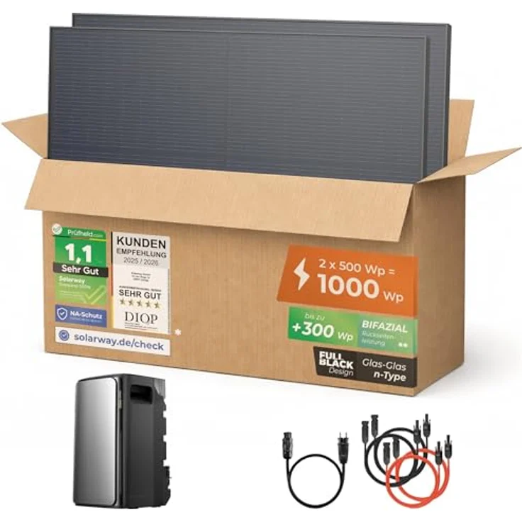 Solarway® Balkonkraftwerk 1000Wp / 800W mit 1,9kWh EcoFlow STREAM Max Speicher, 2 x 500W bifaziale Solarmodule und Zubehör, schwarz – Bild 1