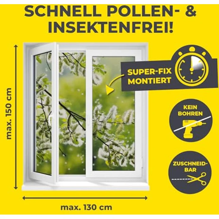 EASYmaxx Moskitonetz mit Pollenschutz mit Magnetbefestigung fürs Fenster - 150 x 130 cm - grau – Bild 6