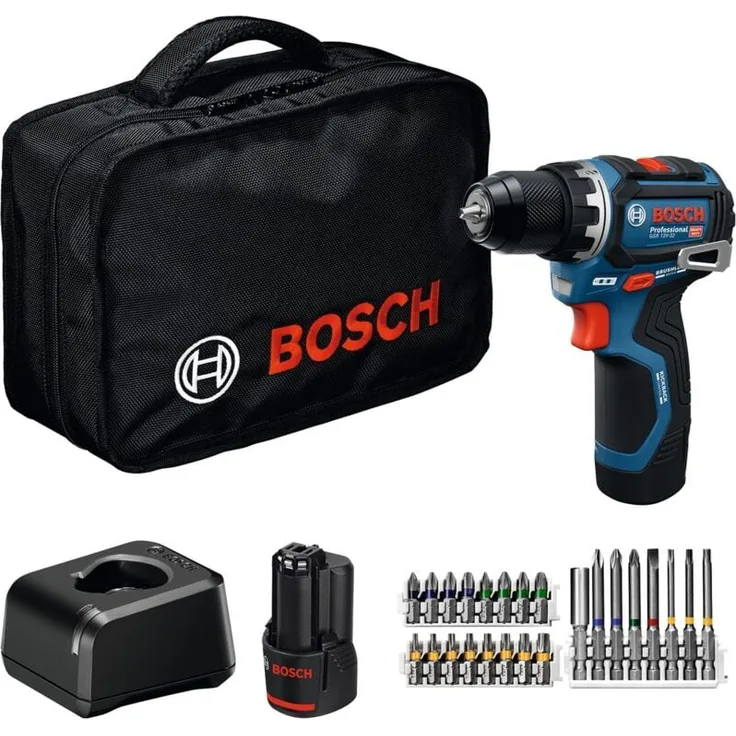 Bosch Professional Akku-Bohrschrauber GSR 12V-32, inkl. 2x 2 Ah Akku, Ladegerät, Zubehör-Sets, Werkzeugtasche, kompakt mit Advanced KickBack Control