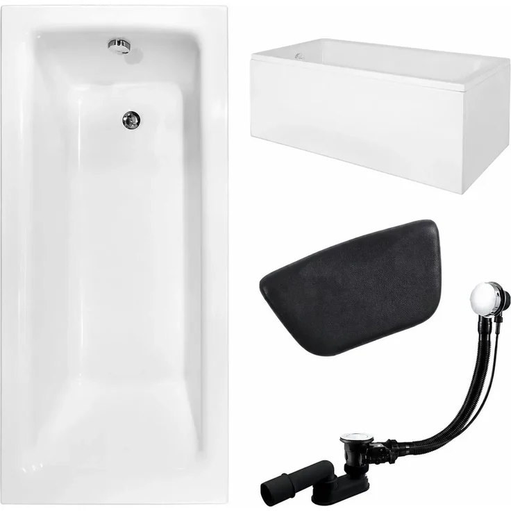 KOLMAN Badewanne TALIA, rechteckig 100 x 70 cm mit schwarzer Kopfstütze KODI, inkl. Ablauf und Füße