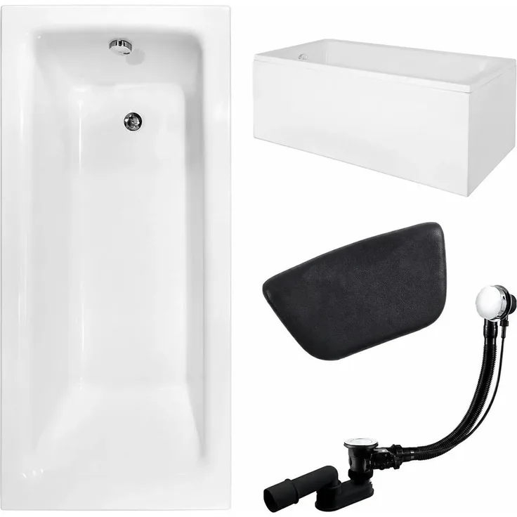 KOLMAN Badewanne TALIA, rechteckig 100 x 70 cm mit schwarzer Kopfstütze KODI, inkl. Ablauf und Füße