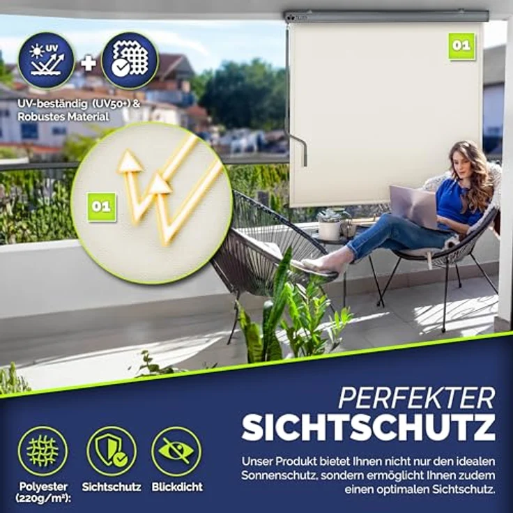 tillvex Senkrechtmarkise 250 x 160 cm aus Aluminium, wasserfest, mit Handkurbel | Balkonrollo Sonnenschutz & Sichtschutz, anthrazit – Bild 5