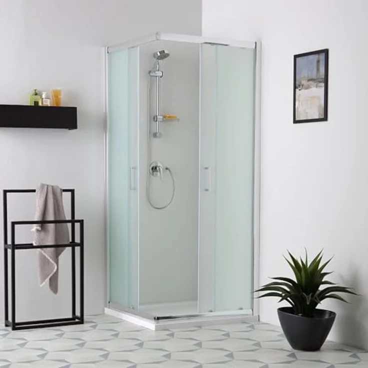 KIAMAMI VALENTINA Eckeinstieg Duschabtrennung 90 x 90 cm, 6mm satiniertes Glas mit verchromtem Aluminiumrahmen und Schiebetüren – Bild 2