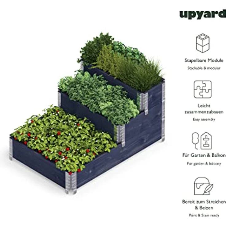 Upyard Stepped Bed - modernes Hochbeet aus Paletten - modulares, mehrstufiges Hochbeet aus Naturholz für Garten und Terrasse, 120x80x58,5, Schwarz – Bild 3