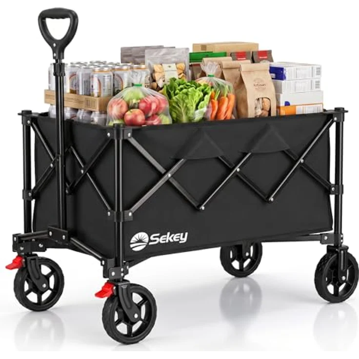 Sekey Faltbarer Bollerwagen XXL 135L, 150KG belastbar, klappbar mit Geländereifen und Bremse, patentierter 4-Wege-Sofortaufbau, Schwarz – Bild 1