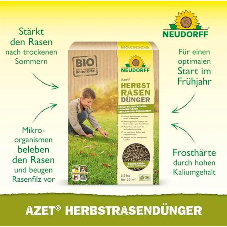 Neudorff Azet HerbstRasenDünger, Organischer Bio-Dünger für 50 m² mit hohem Kaliumgehalt zur Stärkung der Frosthärte, 2,5 kg – Bild 2