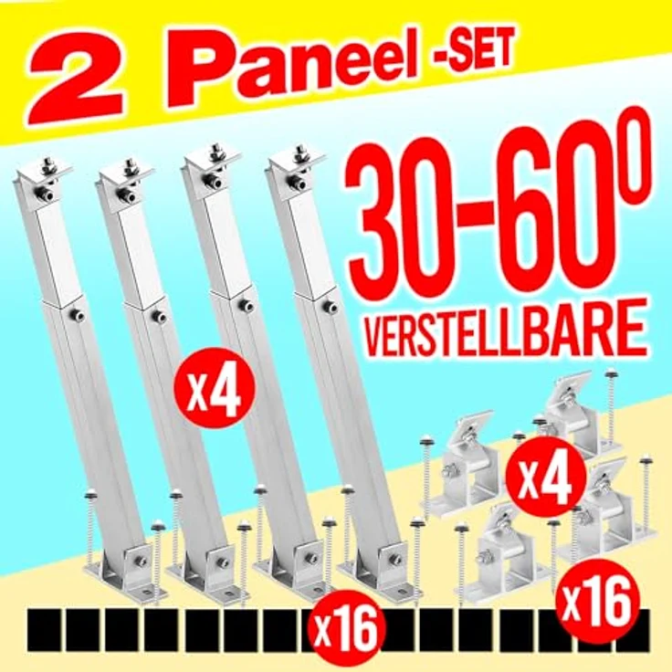 Firend Aufständerung Solarmodul Halterung Balkonkraftwerk Flachdach PV VERSTELB 15-60° (2 Paneele SET 30°-60°), Aluminium, verstellbare Länge 400-1160 mm, Winkel 15-60° - Preisvergleich – Bild 2