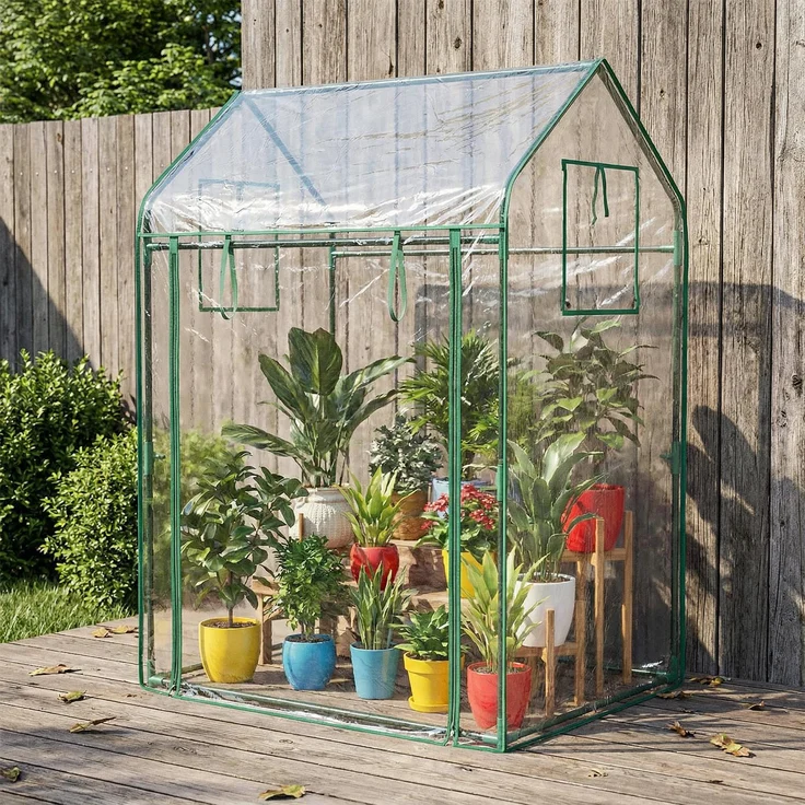 COSTWAY Tomatengewächshaus klein, Tragbares Foliengewächshaus 129x80x173cm mit schwarzem Sonnenschutznetz, PVC-Folie, Tür und Fenster