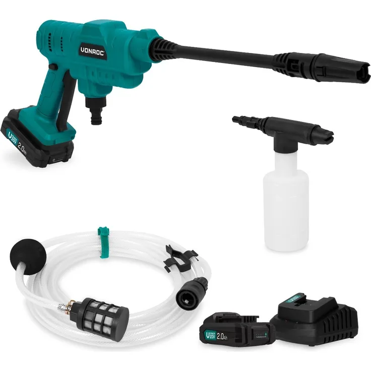 VONROC Profi Akku Hochdruckreiniger 24bar, kabelloser Mini Drucksprüher mit 2x2.0Ah Akku & Ladegerät, mobil und vielseitig einsetzbar