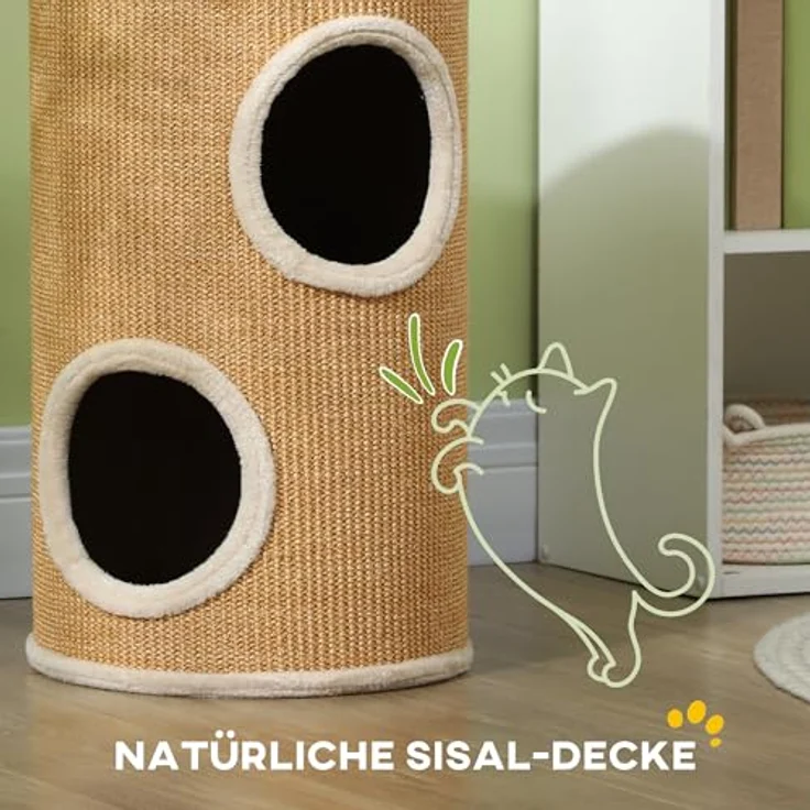 PawHut Kratztonne, 60 cm Hoch Katzentonne mit 2 Höhle, Kratzbaum, Katzenturm aus Sisal, für Katze bis 5 kg, Braun – Bild 4