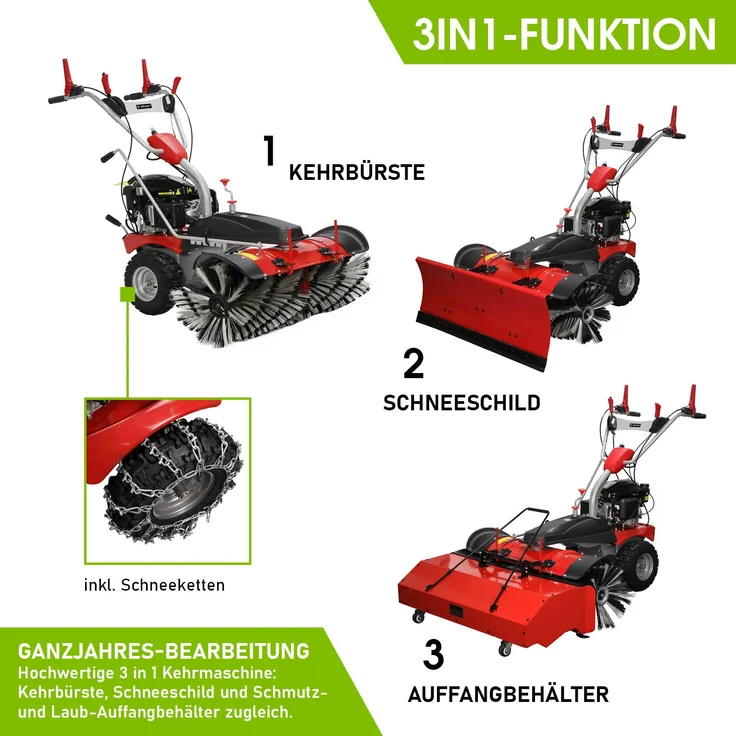 Brast Benzin Kehrmaschine Laubsammler Schneeschieber XXL Premium 4,8kW(6,5PS) 100cm Breite Elektrostart Schneeketten 3 in 1 Gerät – Bild 2