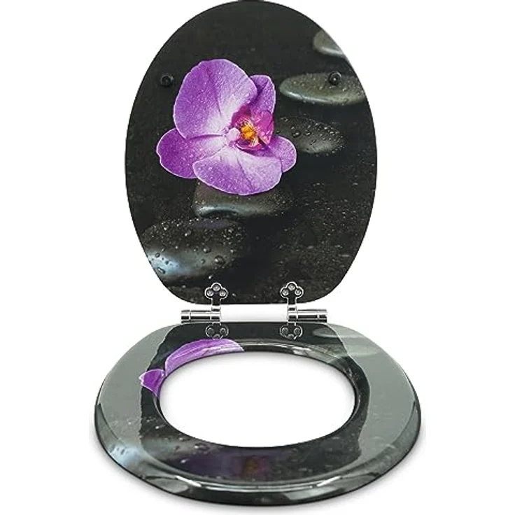 Sanfino WC Sitz Way of Orchid, Toilettendeckel aus Holz mit Absenkautomatik, schwarz, verchromte Metallscharniere, einfache Montage, 43,5 x 37,5 cm – Bild 3