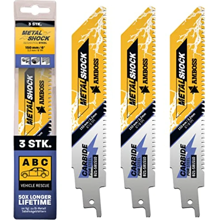 AMBOSS METAL SHOCK - 3x Säbelsägeblatt Länge 150 mm / 8 ZpZ - ideal für Abriss / Fahrzeugrettung / Aufbau / Demontage / Rohrleitungsbau - geeignet für Stahl (Rohre / Profile / Träger) sowie Gussrohre – Bild 1