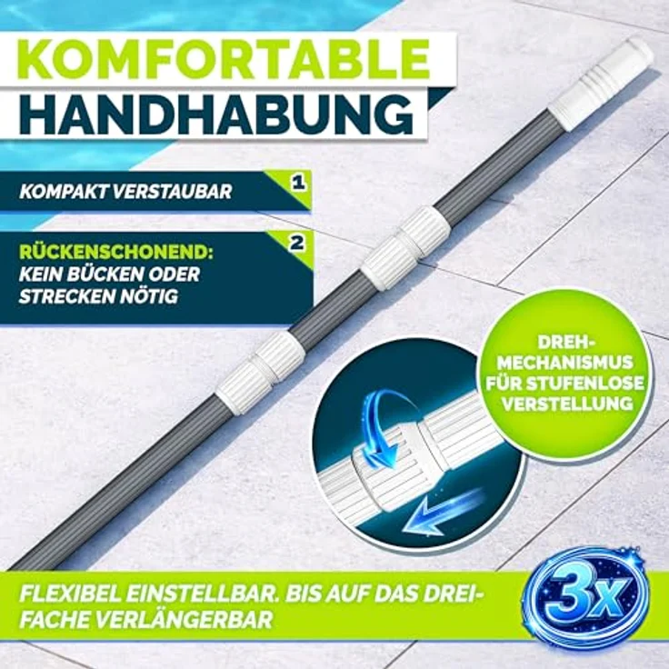 tillvex Pool Teleskopstange 1,20 - 3,60m, Aluminium Poolstange zur Reinigung mit 3-fach Teleskop und ergonomischem ABS-Griff – Bild 4