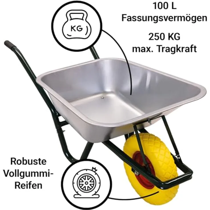 BITUXX® Schubkarre 100L, 250Kg Bauschubkarre verzinkt mit 400mm PU Rad, gelb – Bild 2