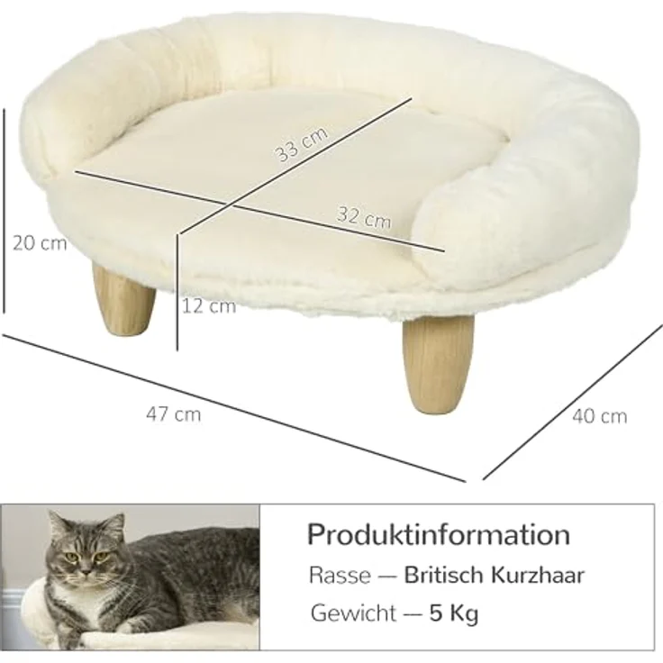 PawHut Hundesofa, Hundebett, Haustiersofa mit Erhöhtem Design, Hundecouch, Katzensofa, Hundesessel mit Holzbeine, Flanelle, Creme, 47 x 40 x 20 cm – Bild 3