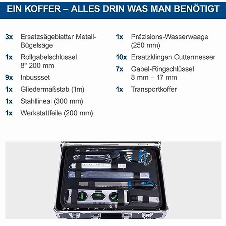 Scheppach TB200 Aluminium Werkzeugkoffer gefüllt 141-tlg Werkzeug Set | Robuster und leichter Werkstattkoffer in Aluminium, ergonomische Werkzeuge aus Chrom-Vanadium-Stahl, mit Soft Grip (blau) – Bild 5