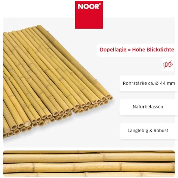 NOOR Bambusmatte Deluxe, Natürlicher Sichtschutz aus 40 mm ⌀ naturbelassenem Bambus, wetterfest, 200 x 200 cm für Balkon, Terrasse & Garten – Bild 3