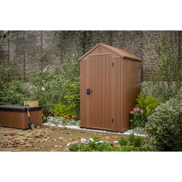 Keter Darwin Gartenhaus 4x4, braun, 118 x 116,7 x 205 cm, mit Einzeltür und 2 Dachblätter für Gartenwerkzeuge – Bild 2