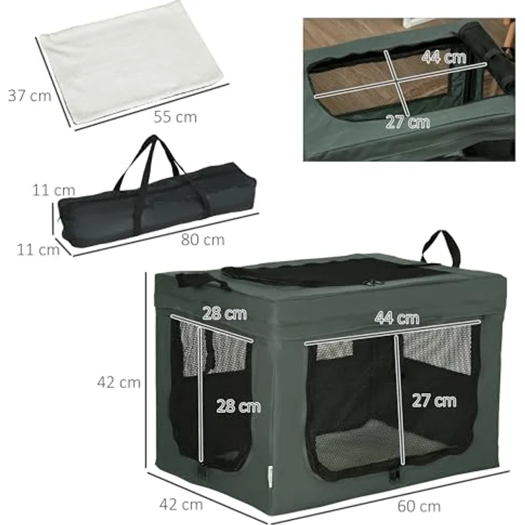 PawHut Hundetasche Hundebox mit Meshfenster, Katzentransportbox mit Kissen, Transportbox, Transporttasche für Hunde bis 4 kg, Oxford, Grau, 60 x 42 x 42 cm – Bild 3