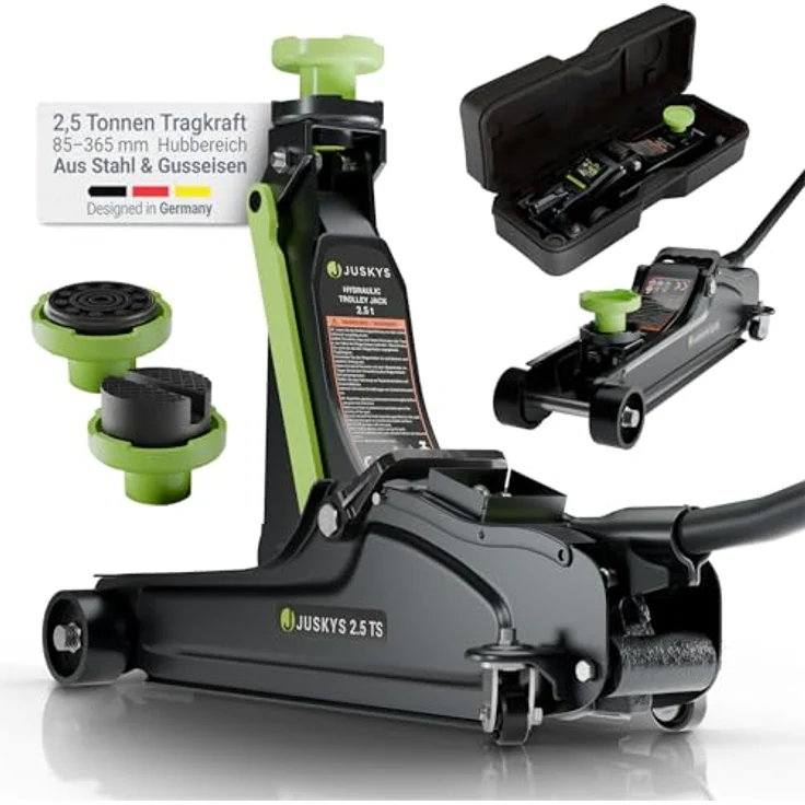Juskys Hydraulischer Wagenheber, max. Hubhöhe 39 cm, bis 2,5 t, schwarz/grün, mit Zubehör & Handschuhen – Bild 1