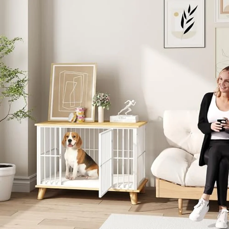 PawHut Hundekäfig für Zuhause, Abschließbar Hundehütte mit Kissen, Hundebox für mittelgroße Hunde unter 15 kg, Eiche, 86 x 60 x 70 cm – Bild 2