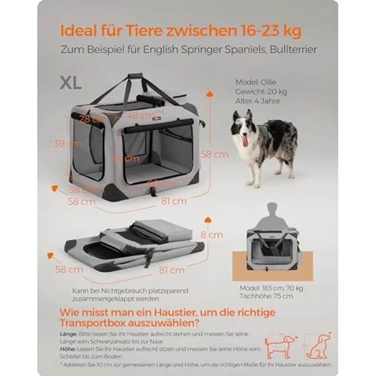 Feandrea Hundebox faltbar, Transportbox Hund, XL, Netzstoff, atmungsaktiv, rauchgrau – Bild 3